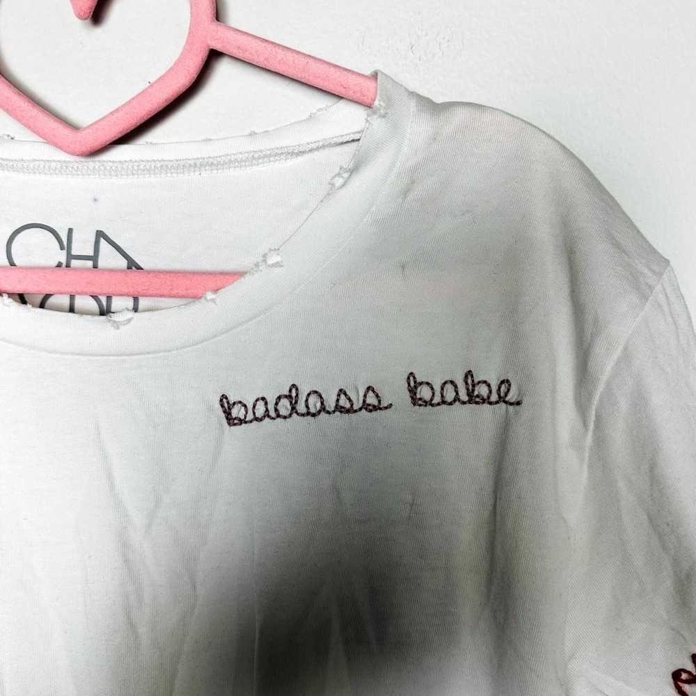 Chaser NWT Crew Neck Short Sleveless Embroidered Chatty Tee Shirt White Medium - Picture 3 of 9